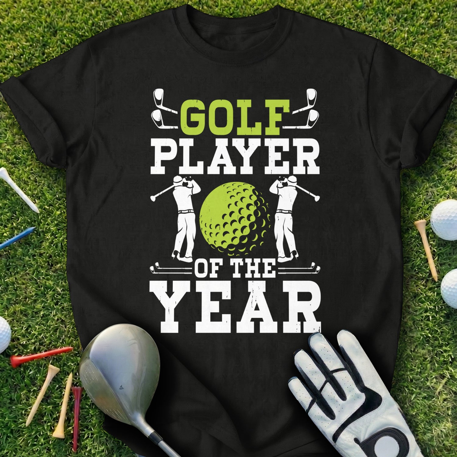 Black t-shirt with "GOLF PLAYER OF THE YEAR" text and golf graphics.