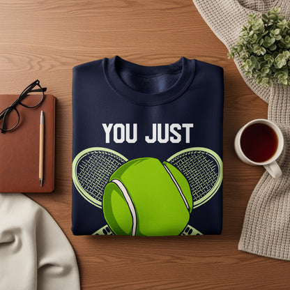Navy sweatshirt with "YOU JUST" text and tennis rackets and ball graphic.