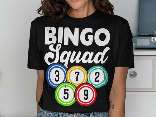 Black t-shirt with "Bingo Squad" and bingo balls 3, 7, 2, 5, 9.