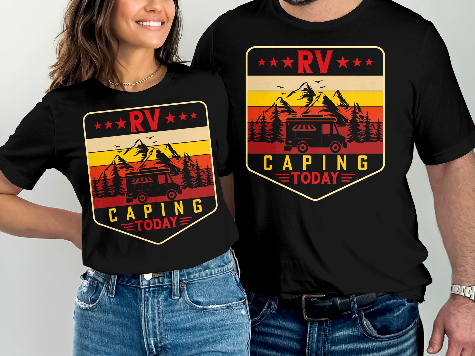 RV Camping Today design on black t-shirts featuring a mountain and camper scene.