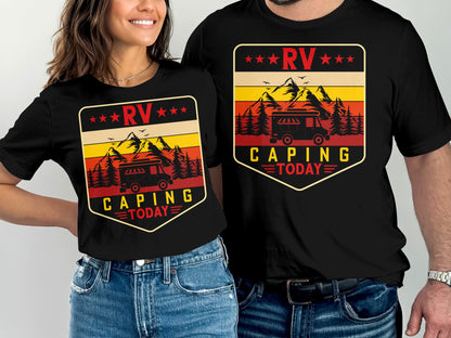 RV Camping Today design on black t-shirts featuring a mountain and camper scene.