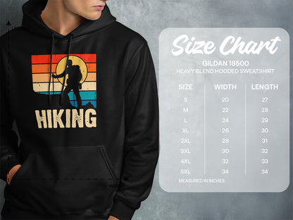 Hoodie size chart for Gildan 18500 Heavy Blend sweatshirt with hiking graphic.