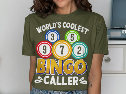 Green t-shirt with "World's Coolest Bingo Caller" and numbered bingo balls.