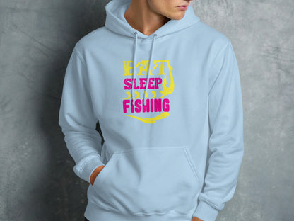 Light blue hoodie with "Eat Sleep Fishing" text and a fishing hook graphic.