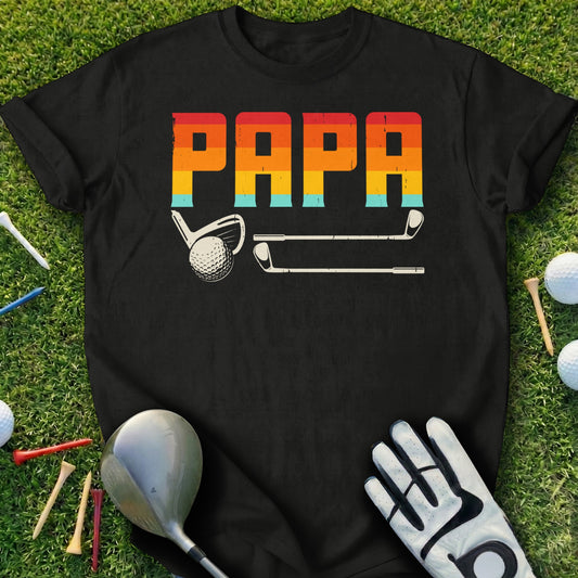 Black t-shirt with "PAPA" text, golf club, and golf ball graphic.