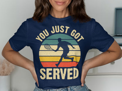 Navy t-shirt with graphic of a tennis player and text "YOU JUST GOT SERVED".