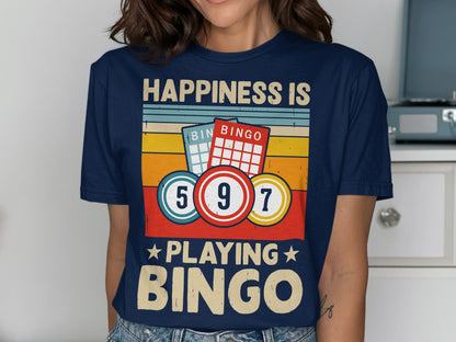 T-shirt with vintage bingo cards, balls, and "Happiness is Playing Bingo" text.