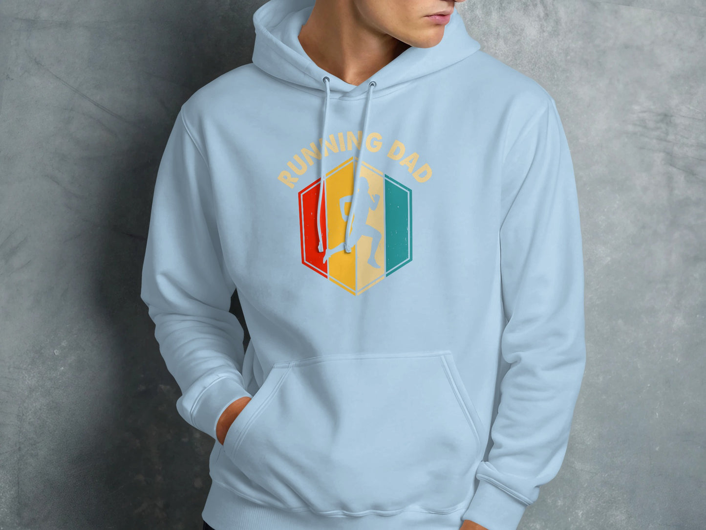 Light blue hoodie with "RUNNING DAD" text and running figure graphic.