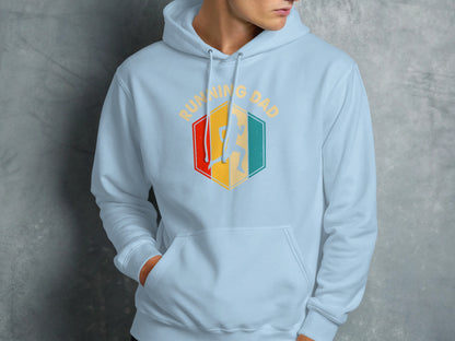 Light blue hoodie with "RUNNING DAD" text and running figure graphic.