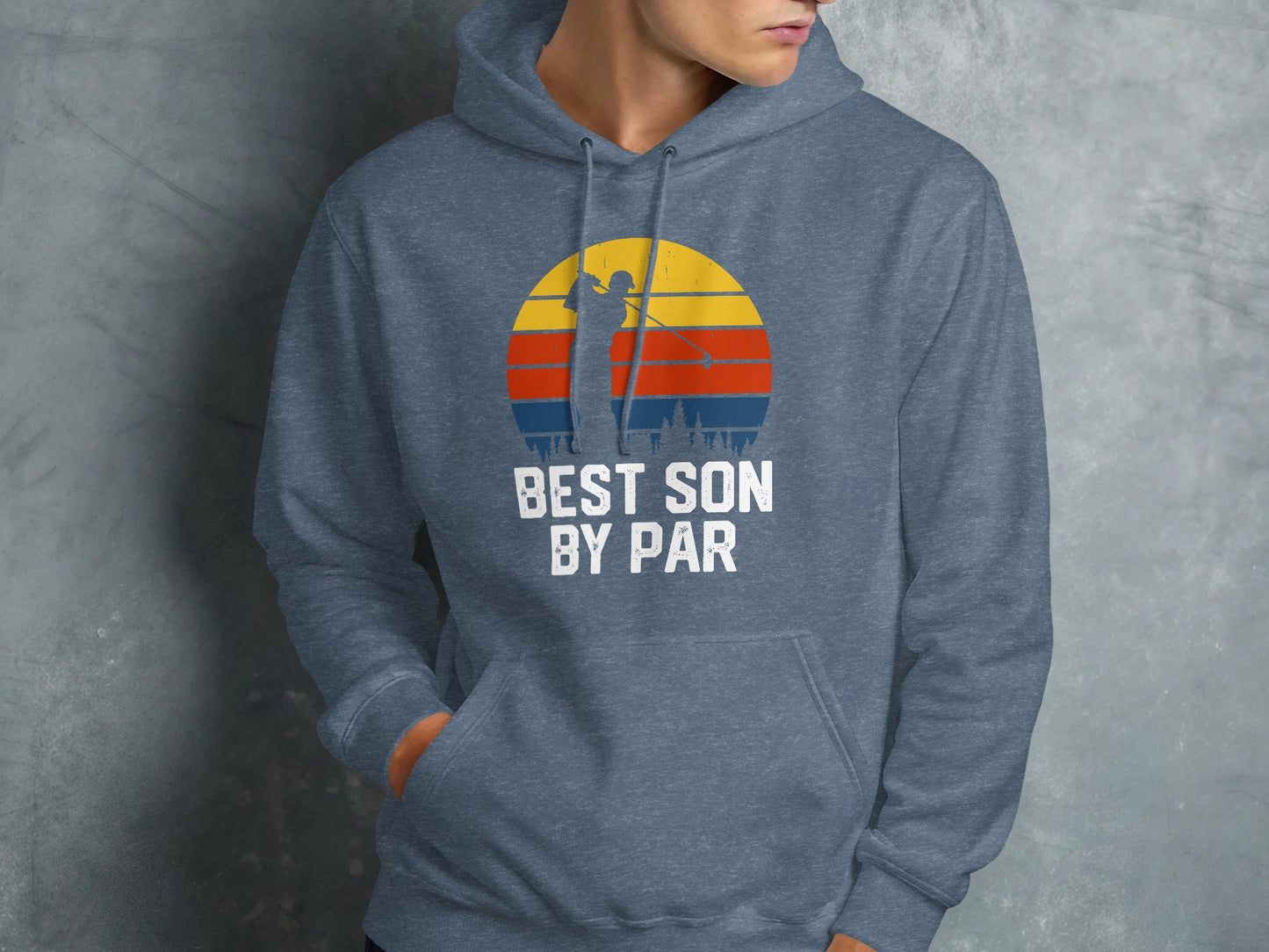Blue hoodie with "BEST SON BY PAR" text and golf sunset graphic.