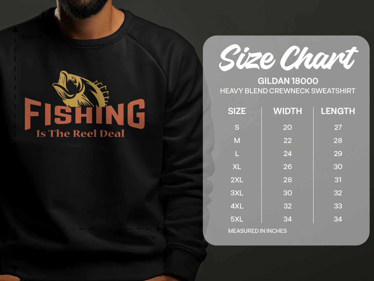 Gildan 18000 sweatshirt size chart with fishing graphic.