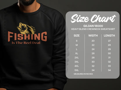 Gildan 18000 sweatshirt size chart with fishing graphic.