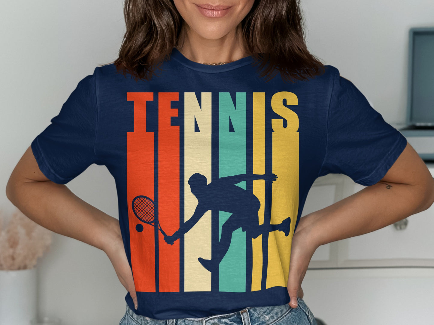 Navy t-shirt with retro tennis player graphic and "TENNIS" text.