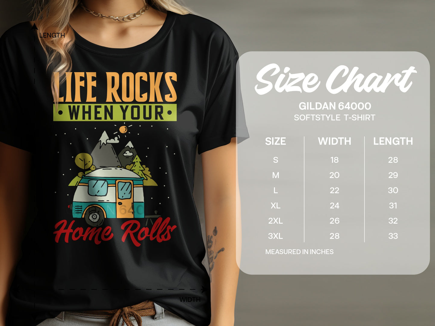 T-shirt with "Life Rocks When Your Home Rolls" text and camper graphic, plus size chart.