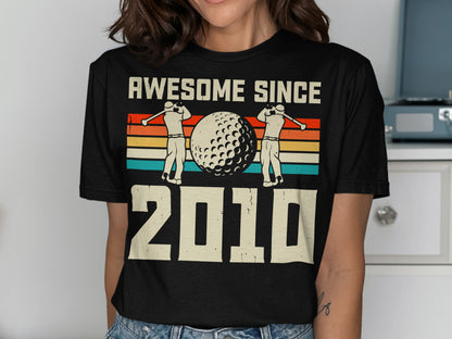 Black t-shirt with "Awesome Since 2010" text and golf graphic.