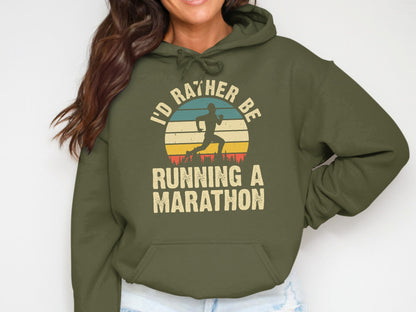 Green hoodie with "I'd rather be running a marathon" text and runner silhouette.