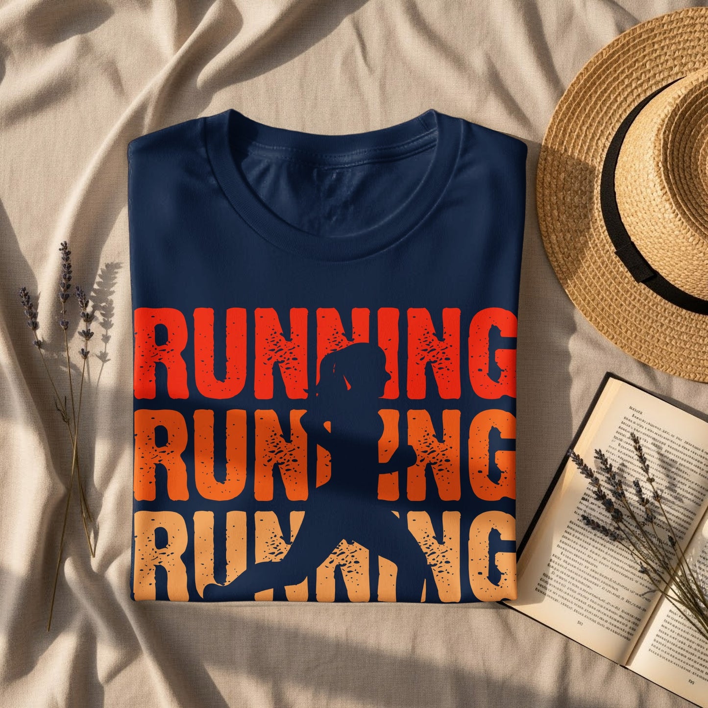 Navy t-shirt with "RUNNING" in orange, red, and yellow and silhouette of a runner.