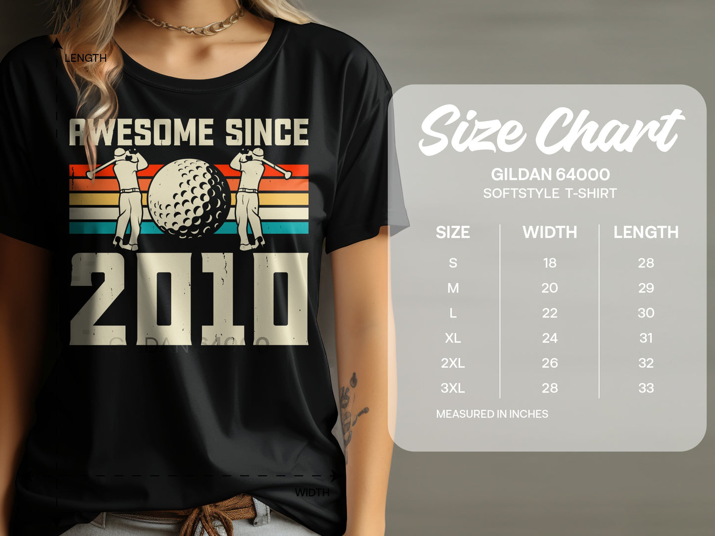 T-shirt with "Awesome Since 2010" graphic and size chart.