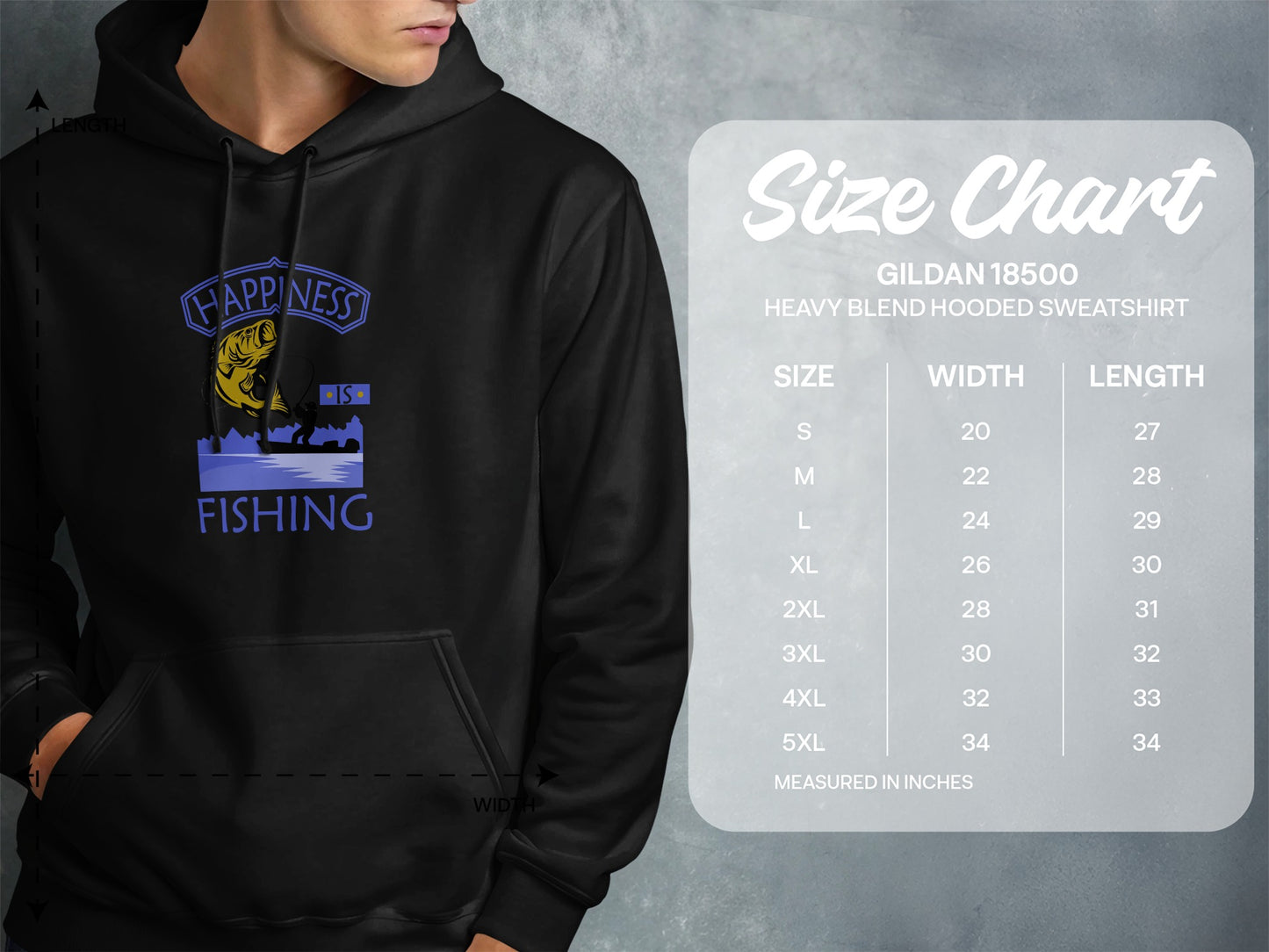 Size chart for Gildan 18500 hooded sweatshirt, with measurements.