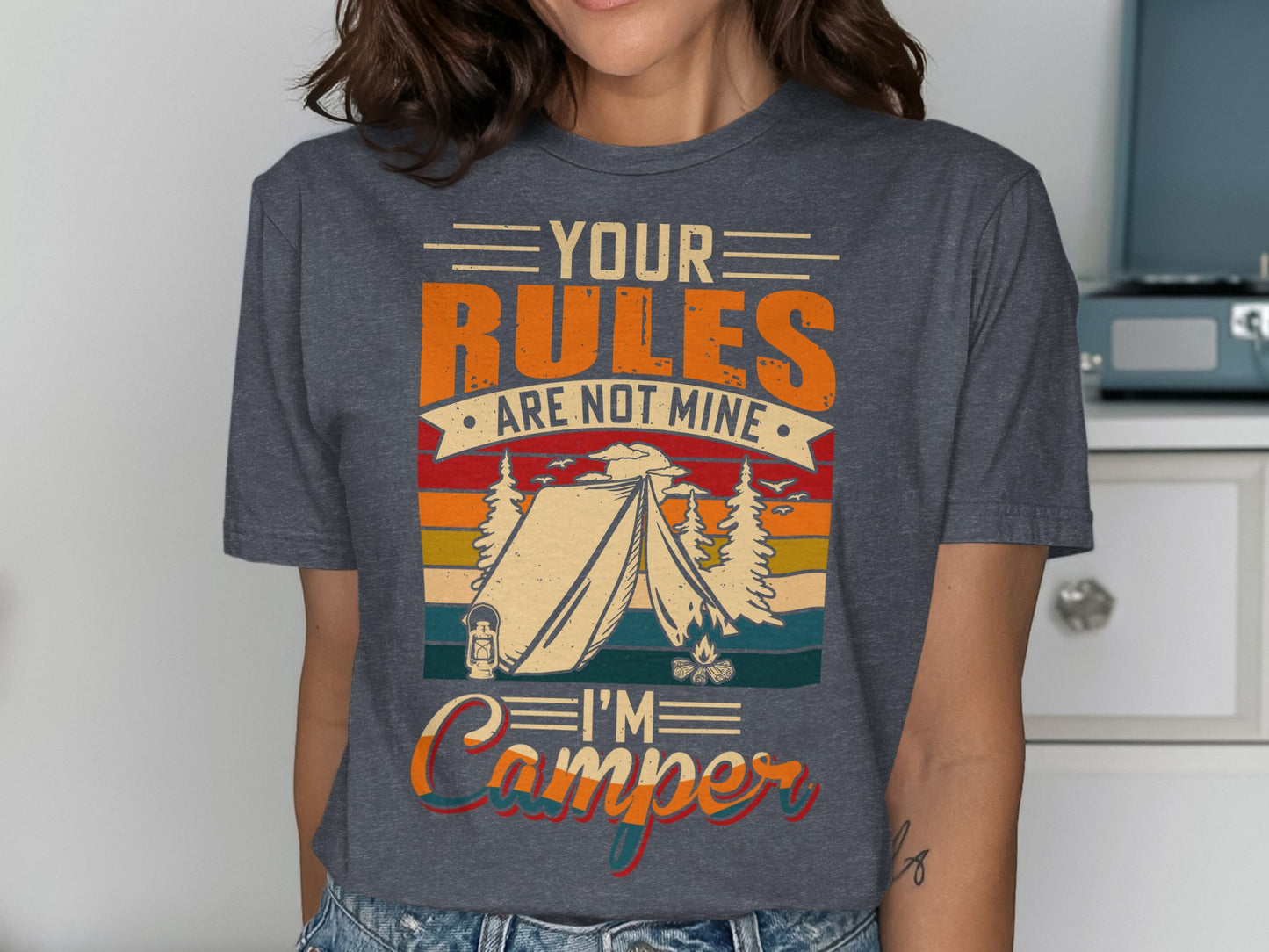 Graphic t-shirt with camping scene and text "YOUR RULES ARE NOT MINE I'M CAMPER".