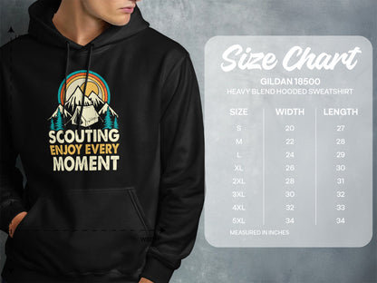 Size chart for Gildan 18500 heavy blend hooded sweatshirt.