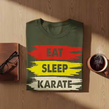 Olive green t-shirt with "EAT KARATE" text in red, yellow, and white.