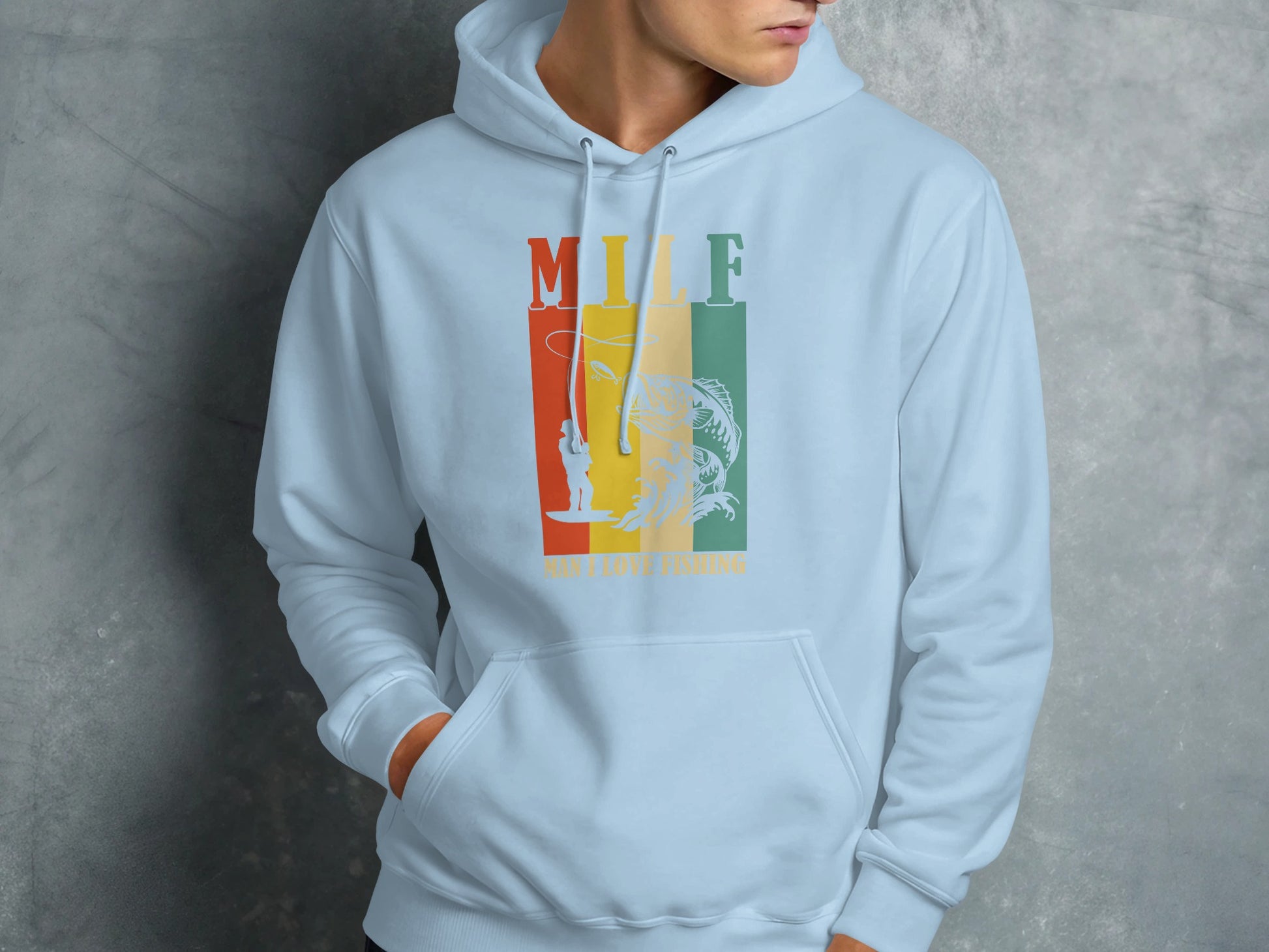 Light blue hoodie with "MILF" logo and fishing graphic.