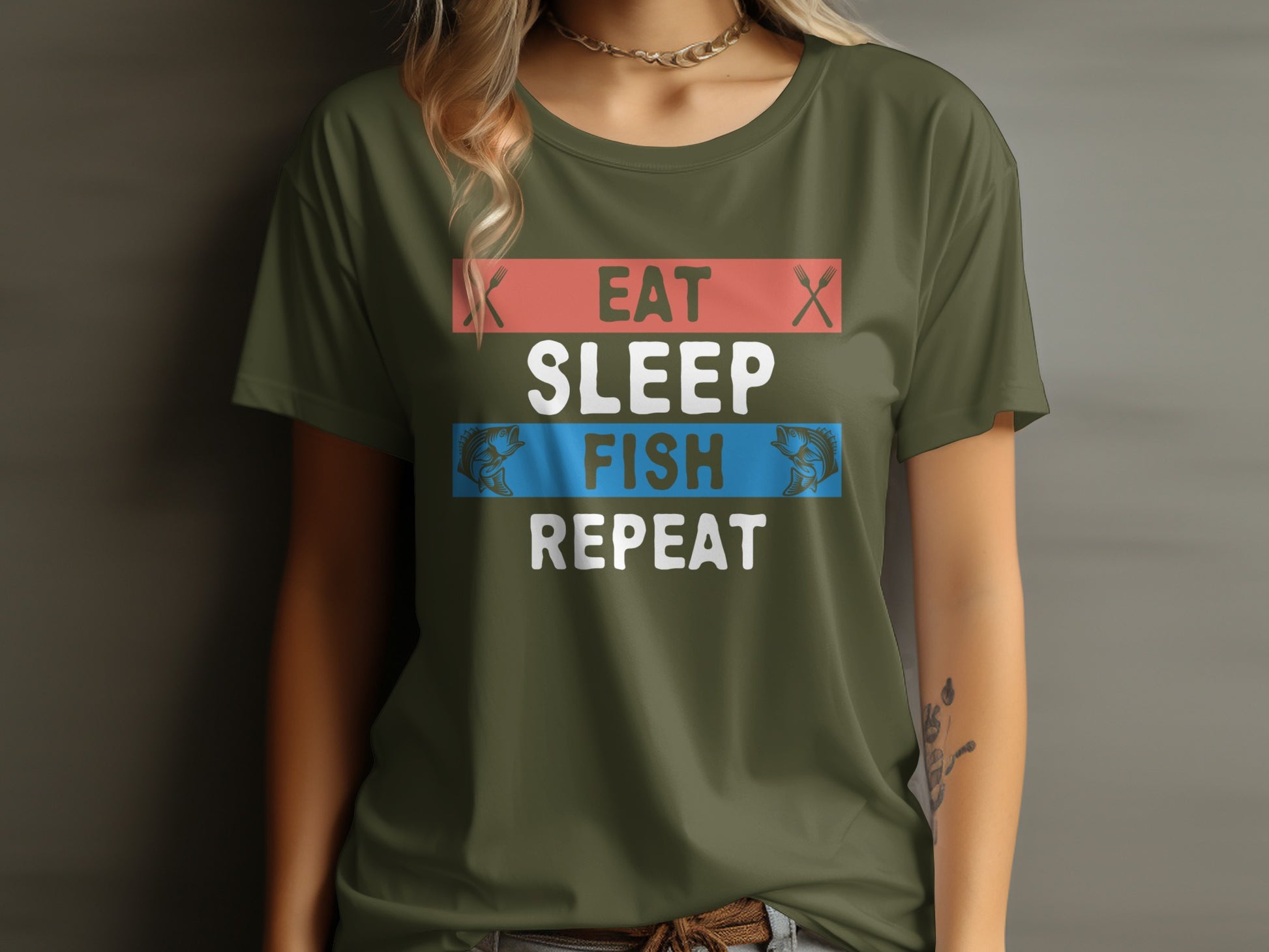 Green t-shirt with "Eat Sleep Fish Repeat" text and fish graphics.