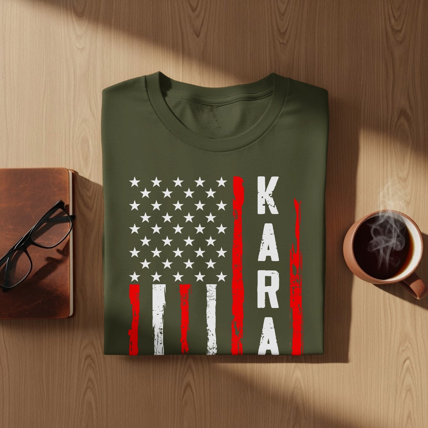 Green t-shirt with American flag design and "KARA" printed vertically.