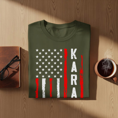 Green t-shirt with American flag design and "KARA" printed vertically.