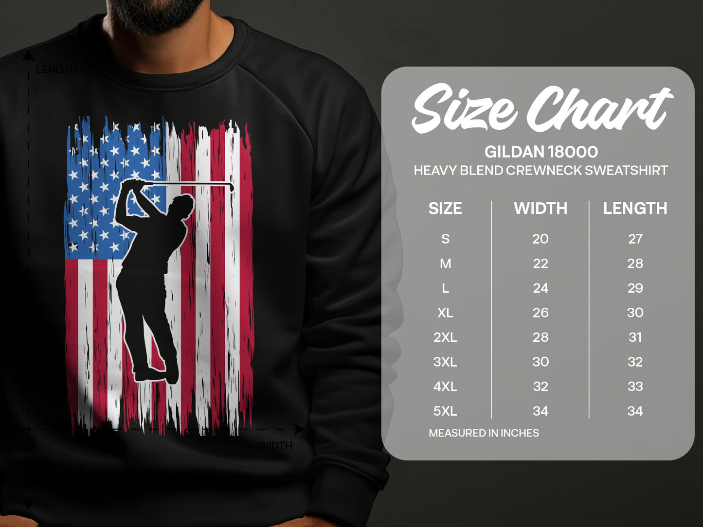 Gildan 18000 sweatshirt size chart with American flag golf graphic.