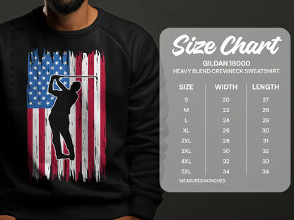 Gildan 18000 sweatshirt size chart with American flag golf graphic.