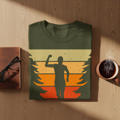 Olive green t-shirt with sunset and runner graphic.