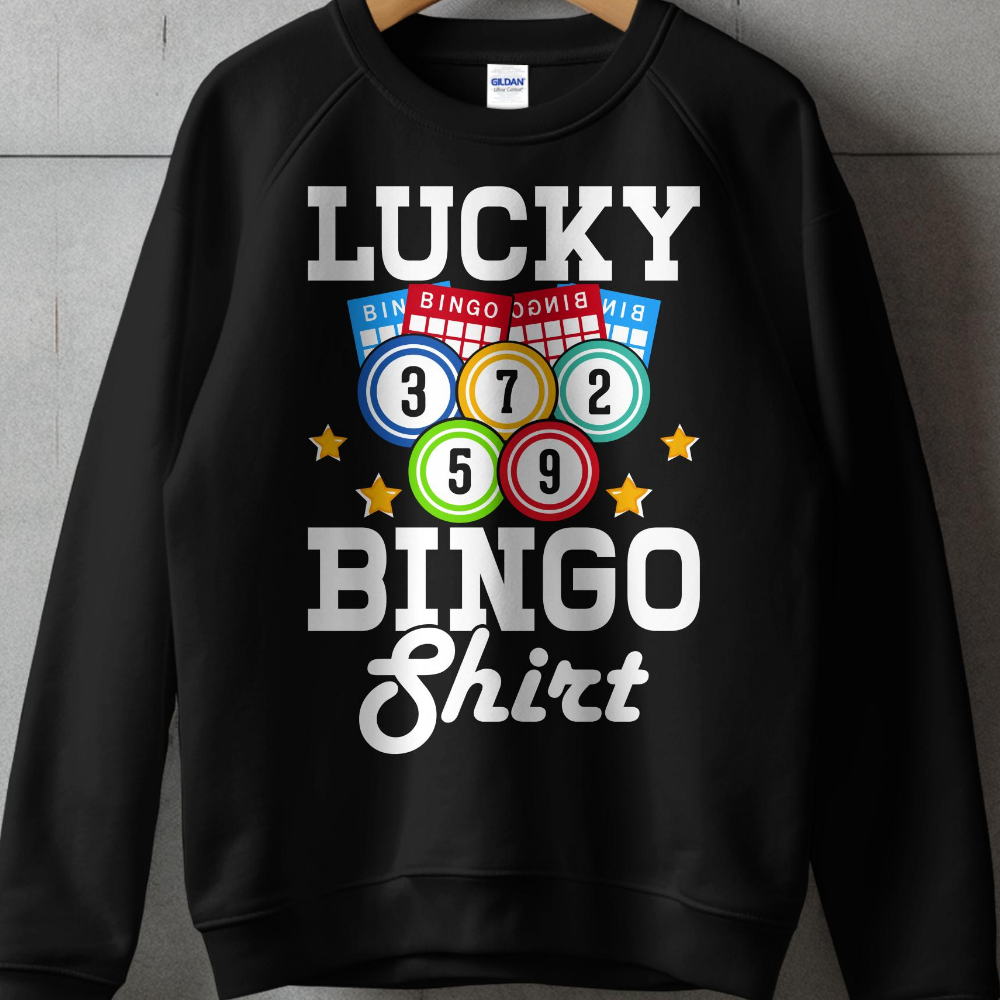 Black sweatshirt with "LUCKY BINGO Shirt" and bingo balls.