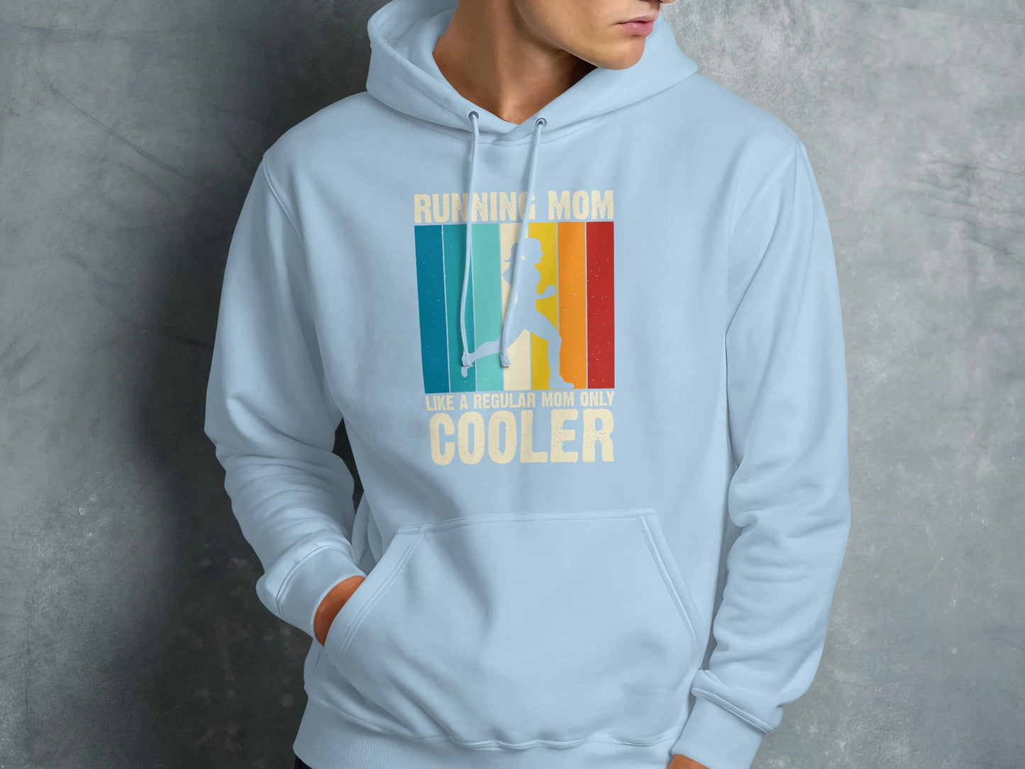Light blue hoodie with "Running Mom Cooler" text and retro stripe graphic.
