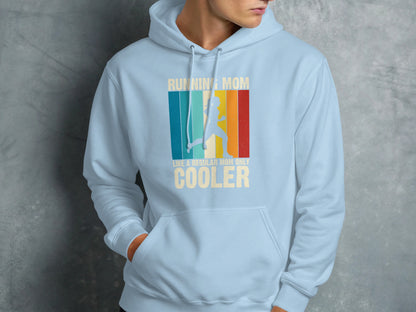 Light blue hoodie with "Running Mom Cooler" text and retro stripe graphic.