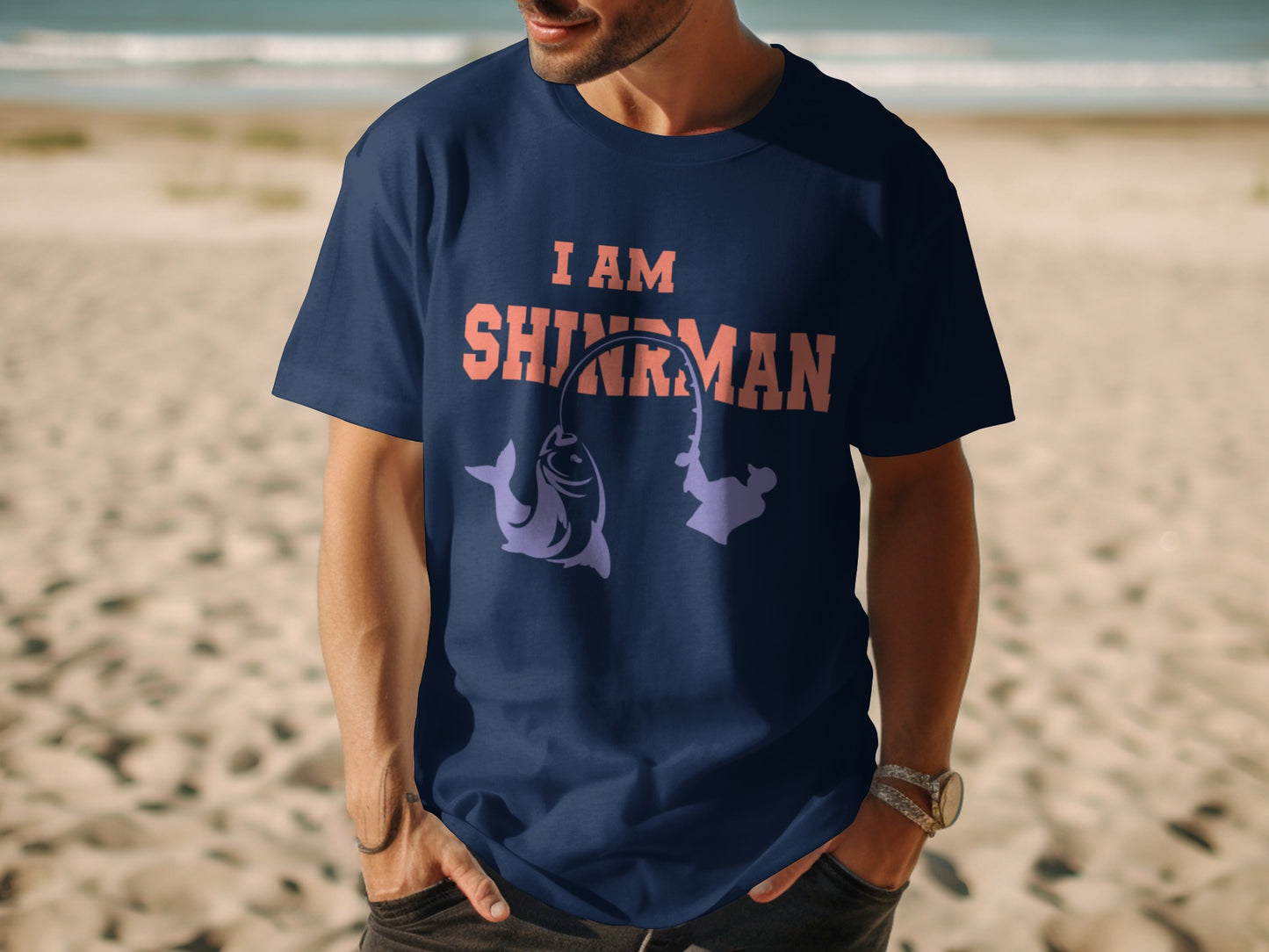 Navy t-shirt with text "I AM FISHERMAN" and graphic of a fish on a hook.