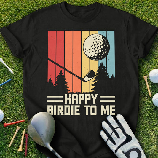Black t-shirt with vintage golf graphic and text "Happy Birdie To Me".