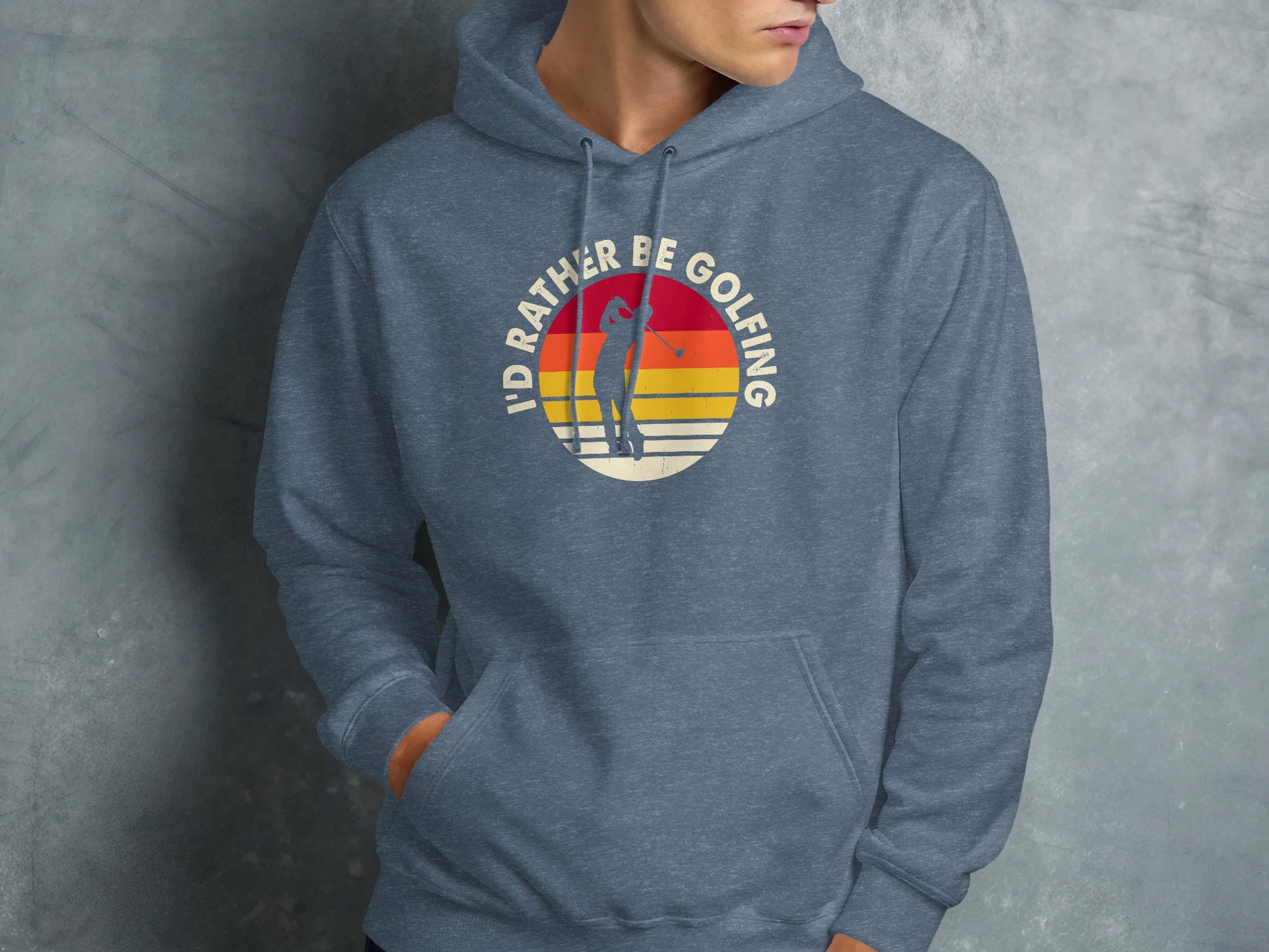 Hoodie with a circular graphic of a golfer and text "I'D RATHER BE GOLFING".