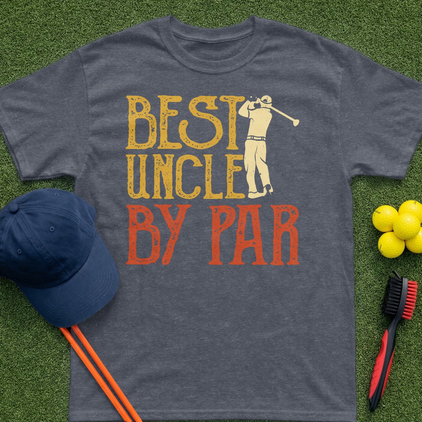 T-shirt with "BEST UNCLE BY PAR" text, golfer graphic, and golf accessories.