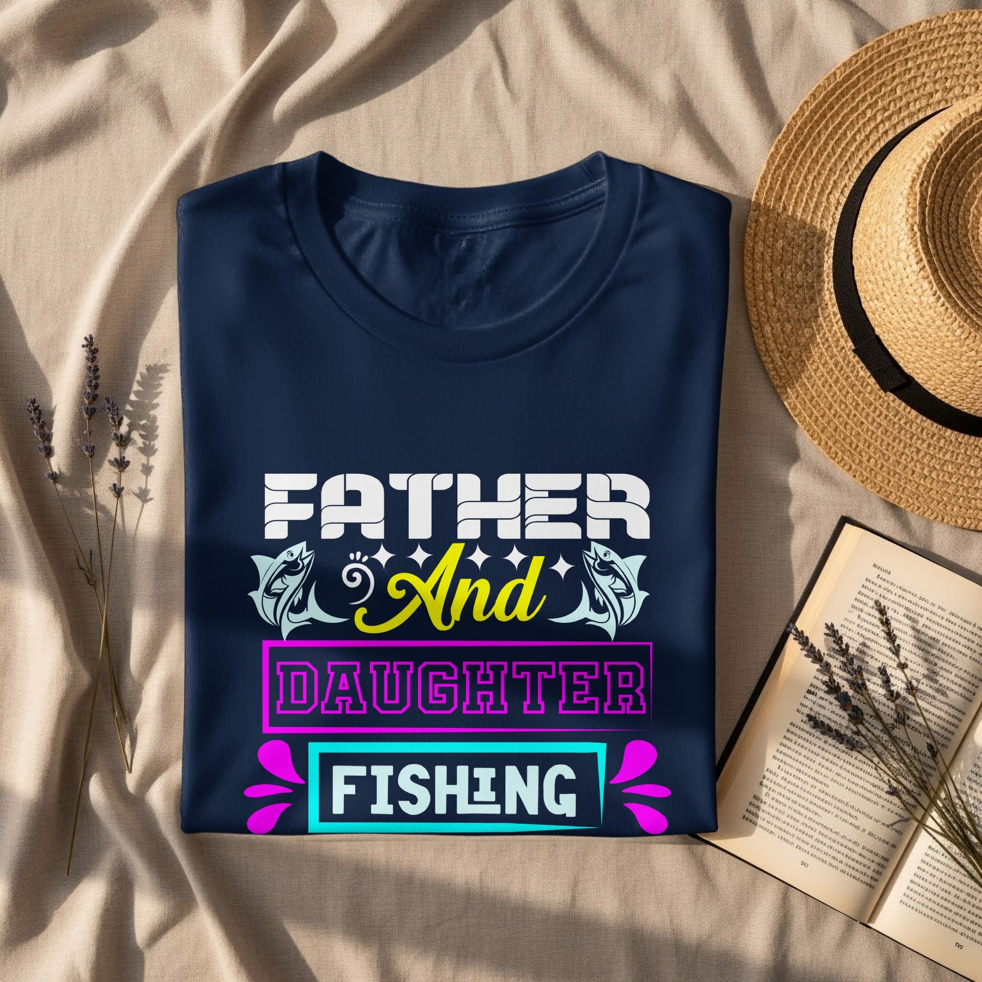 Dark blue t-shirt with "Father & Daughter Fishing" graphic and straw hat.