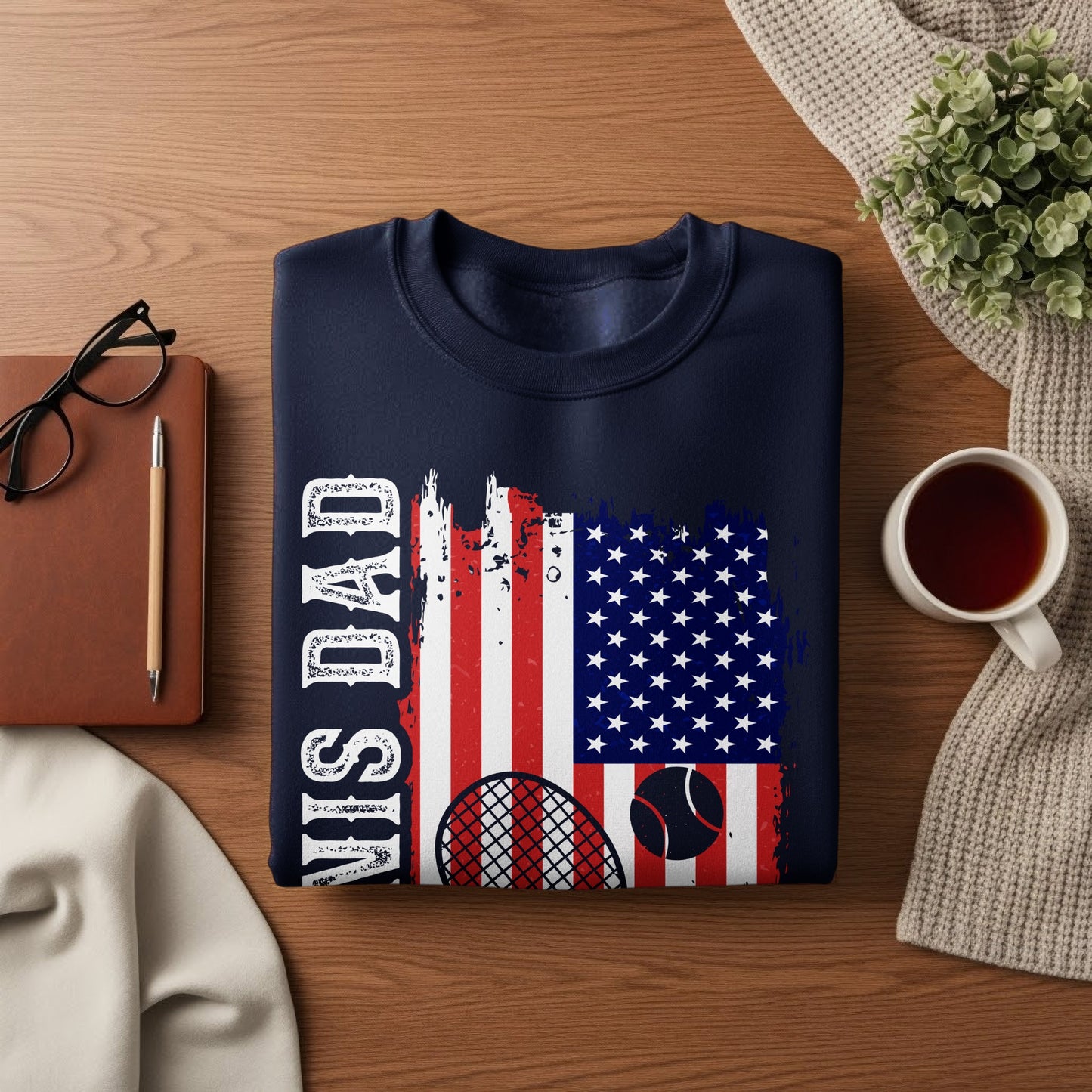 Navy sweatshirt with distressed US flag and tennis imagery, "US DAD" text.