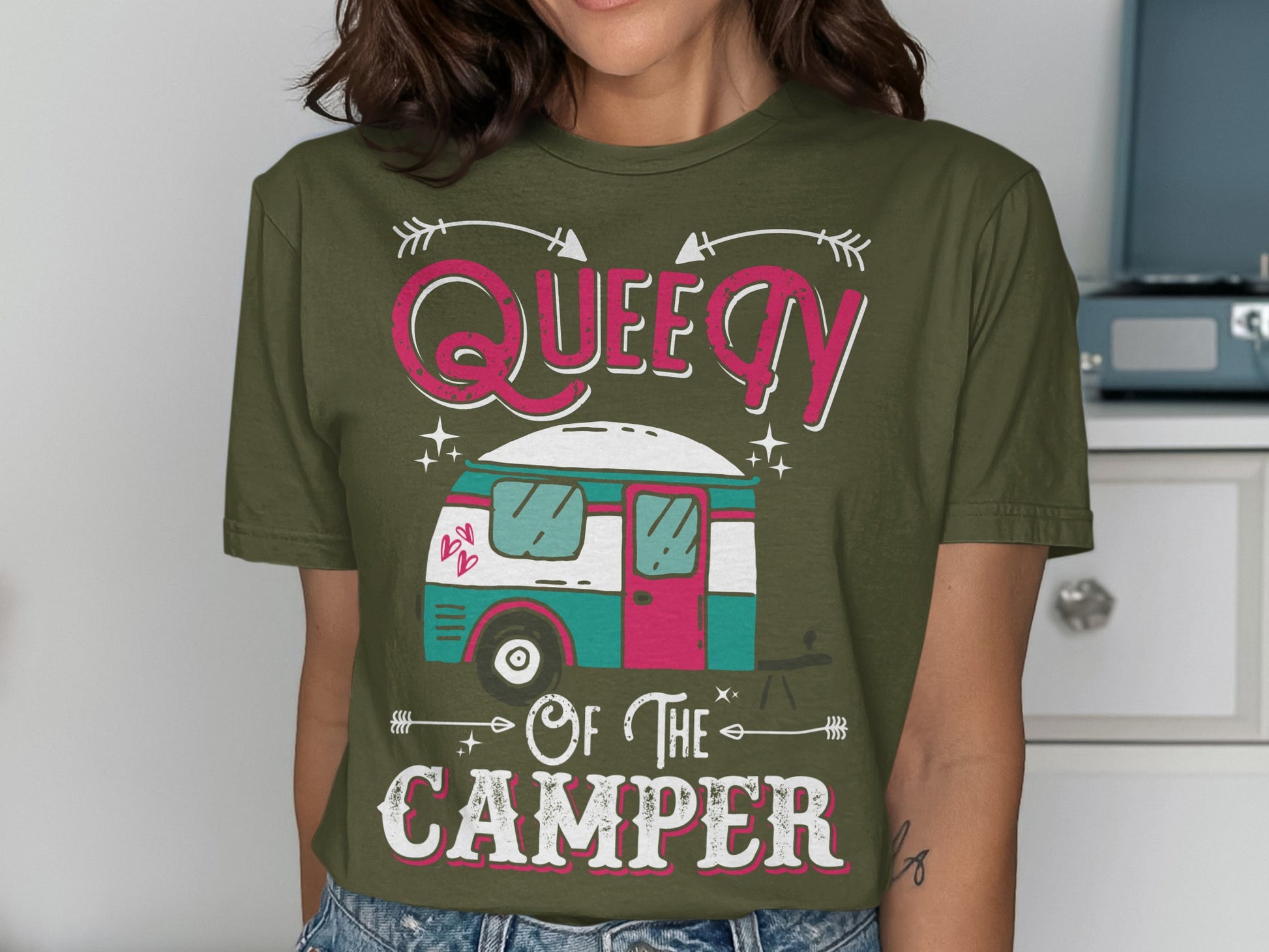 Queen of the Camper graphic tee with a teal and pink trailer.