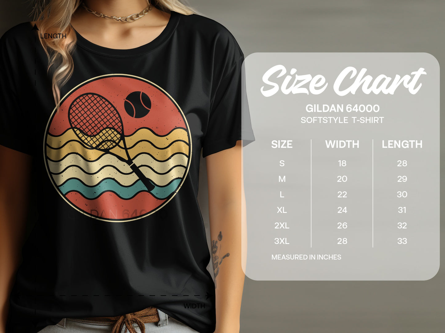 Gildan 64000 Softstyle T-shirt size chart with measurements for width and length.