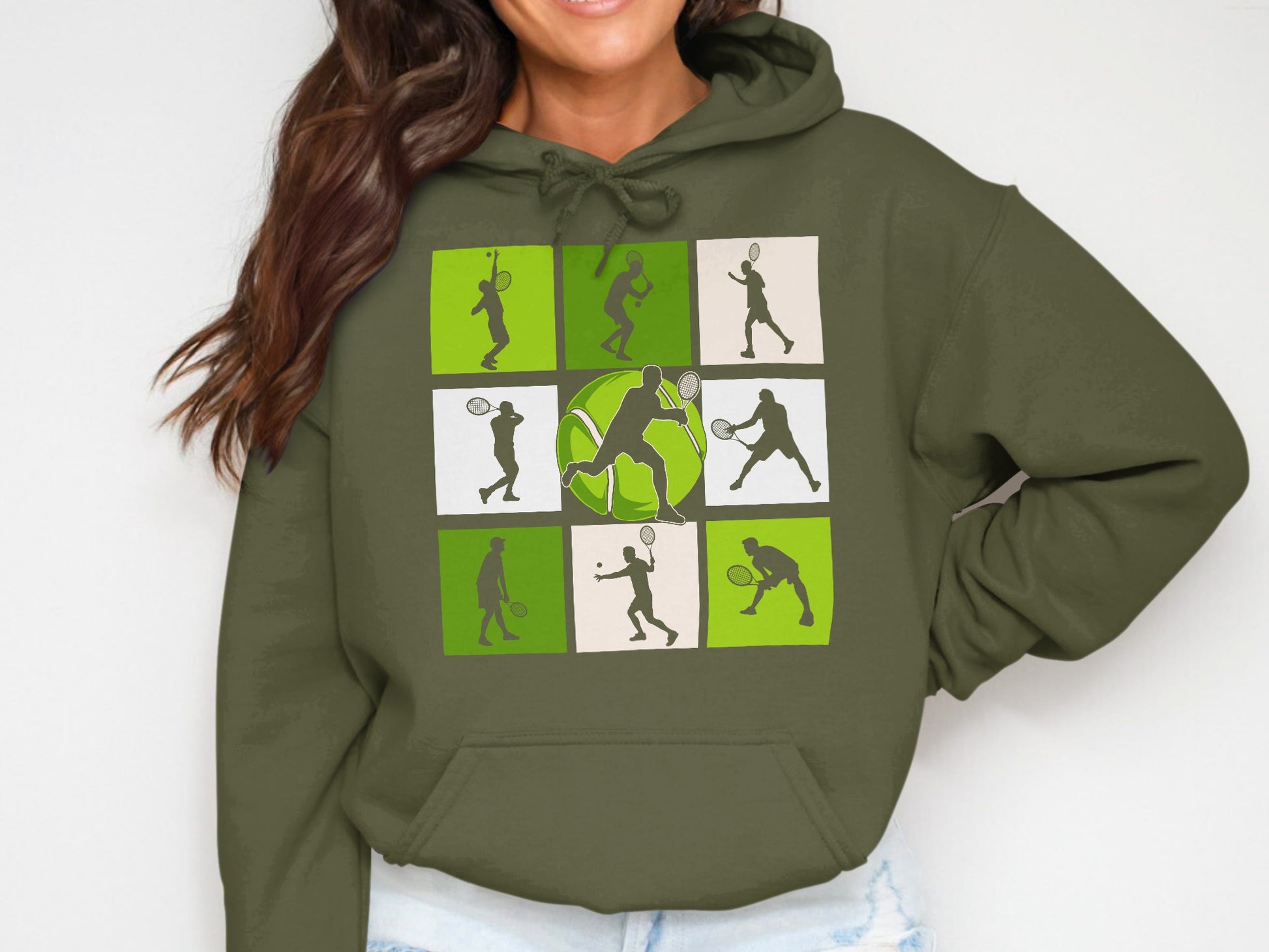Green hoodie with nine squares depicting tennis players in action.