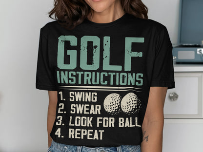 Black t-shirt with "GOLF INSTRUCTIONS" and numbered steps, featuring golf balls.