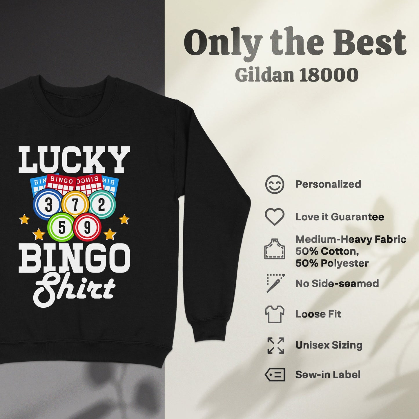 Black sweatshirt with "Lucky Bingo Shirt" graphic and product features.