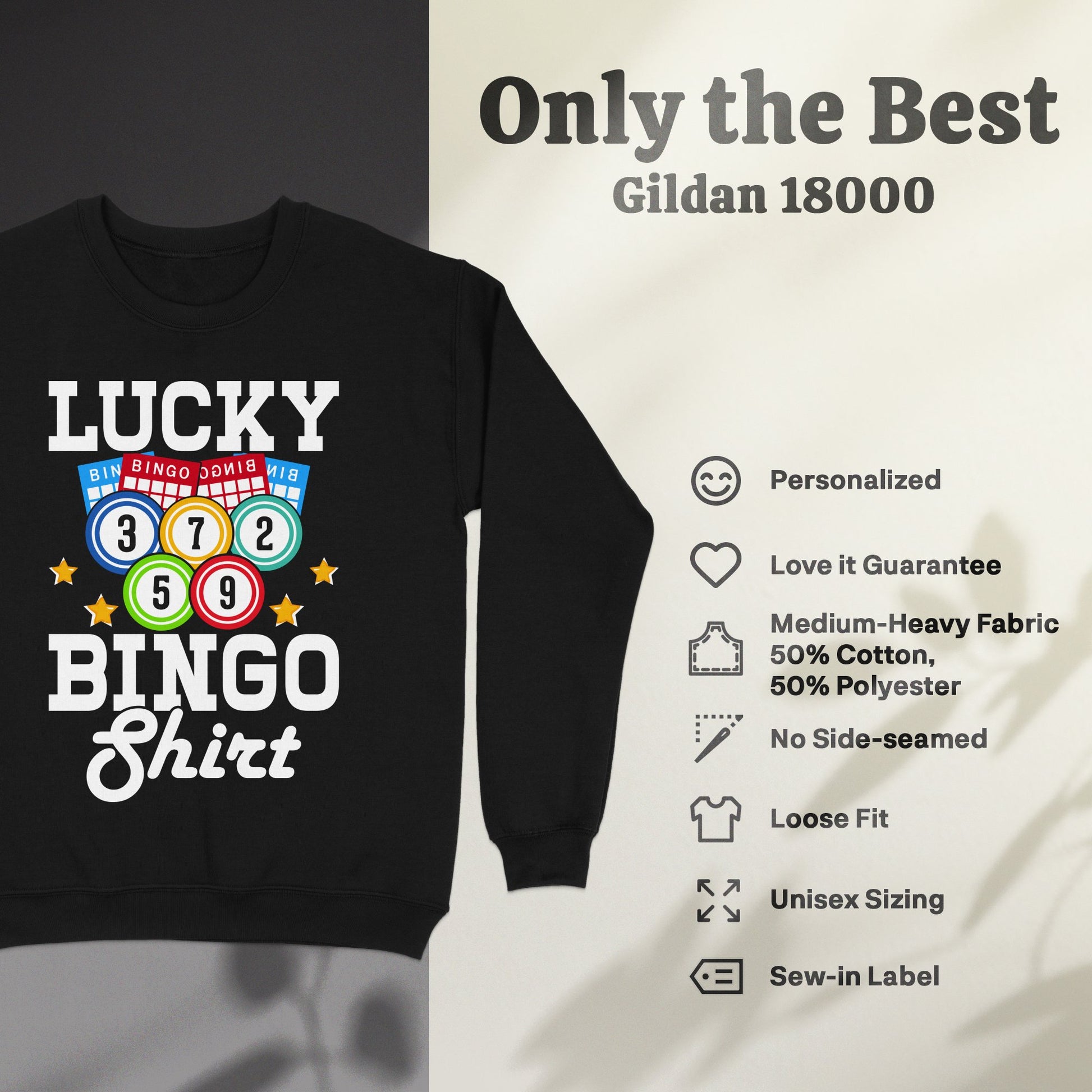 Black sweatshirt with "Lucky Bingo Shirt" graphic and product features.