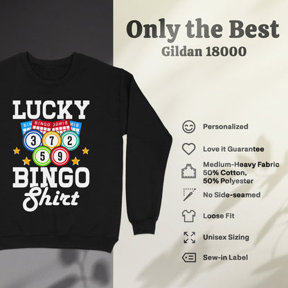 Black sweatshirt with "Lucky Bingo Shirt" graphic and product features.