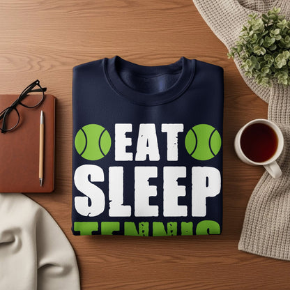 Navy sweatshirt with "Eat Sleep Tennis" text and tennis ball graphics.